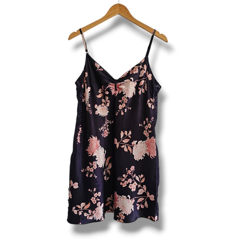 Morgan Taylor Chemise Slip Dress L Purple Floral Satin Lace Whimsigoth Coquette
